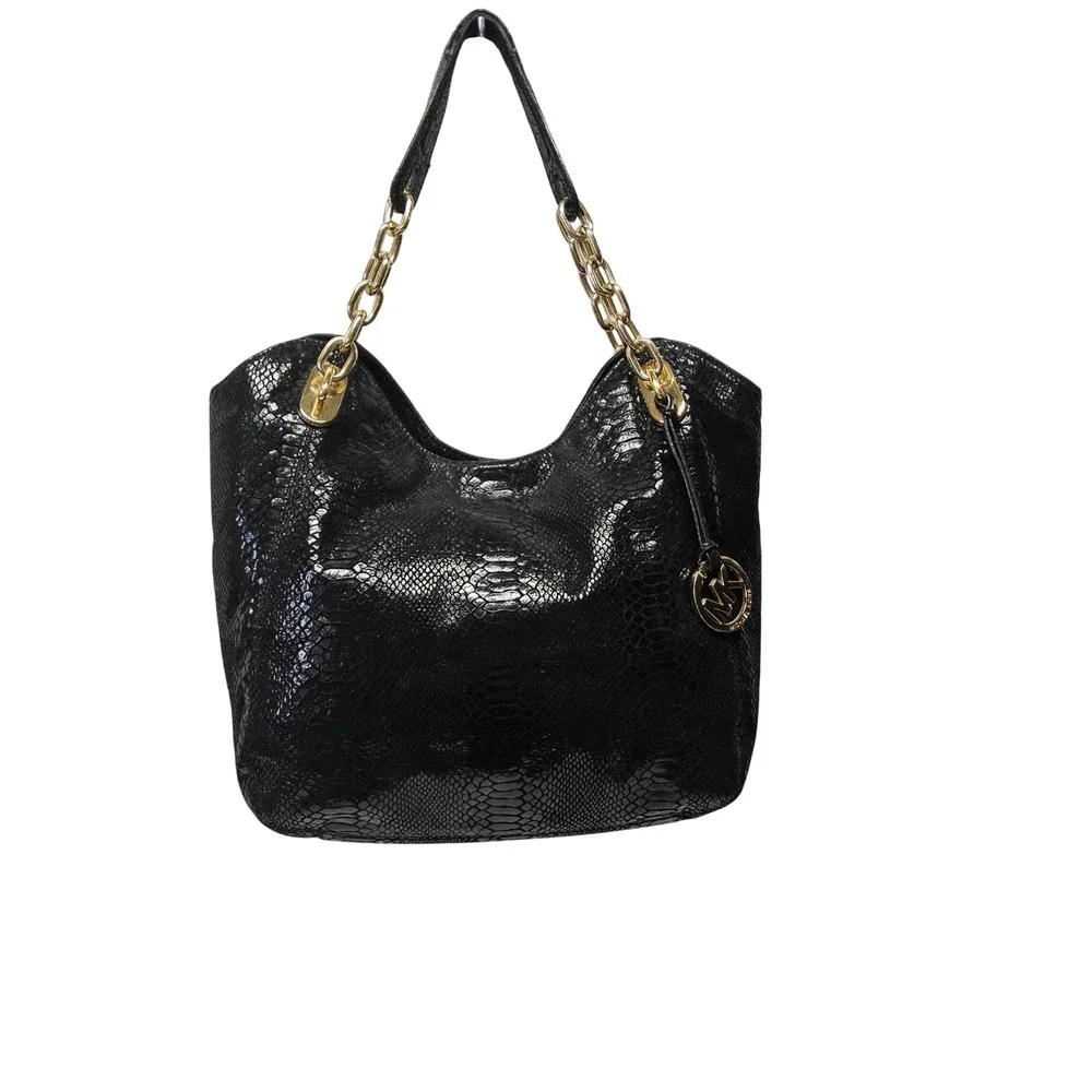 Michael Kors Fulton Shoulder Bag‎ Womens Large Black Snake Embossed Leather Gold
